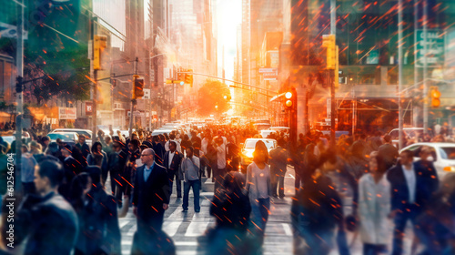 crowd of people walking on sunny city street. Generative Ai.  © PETR BABKIN