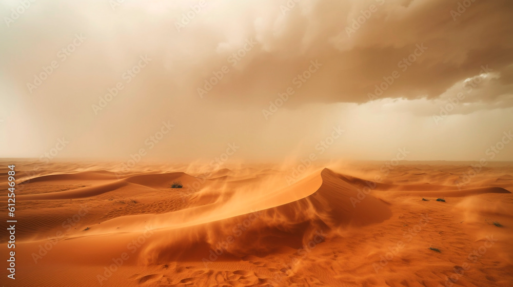 view of a sandstorm approaching from afar in the desert. Generative Ai.  - obrazy, fototapety, plakaty 