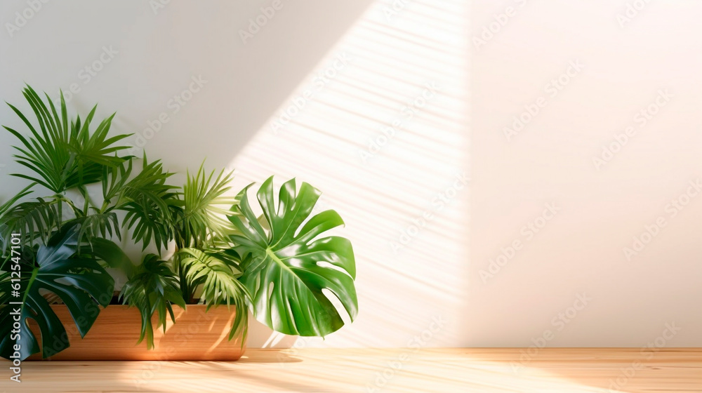 Fototapeta premium white room with decorative tropical plants. Generative Ai. 