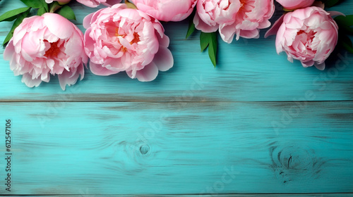 pink peonies on a turquoise wooden table. Generative Ai.  © PETR BABKIN