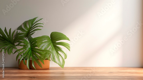 a plant in the interior against the background of a white wall illuminated by the sun's rays from the window. Generative Ai. 