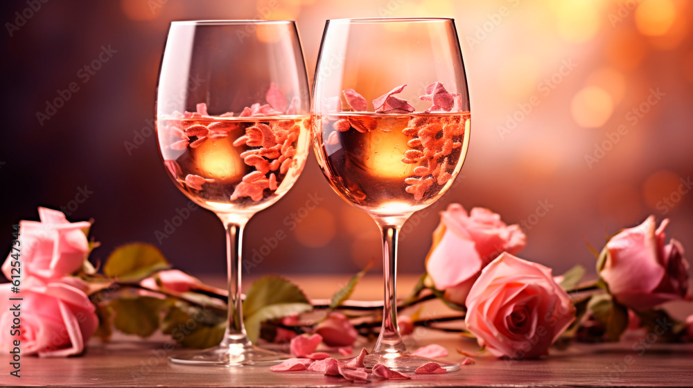 two glasses of red wine with flowers. Generative Ai. two glasses of red wine with flowers. Generative Ai.