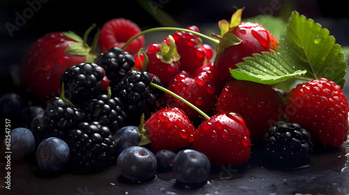 Assorted several types of berries on a dark background.