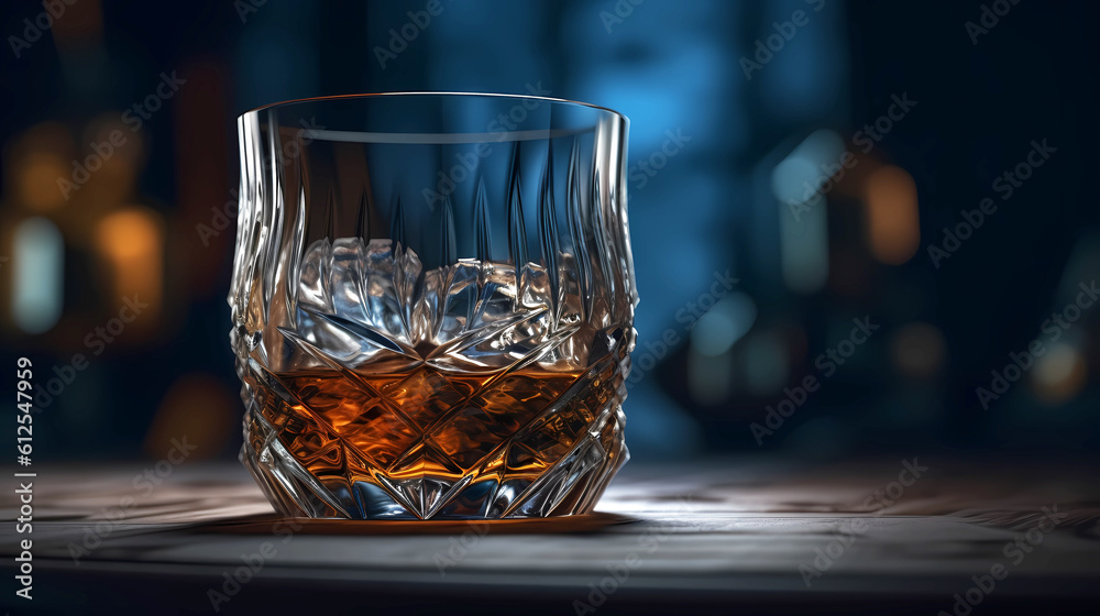 Glass with whiskey and ice cubes on the table, warm cozy atmosphere. Glass with whiskey and ice cubes on the table, warm cozy atmosphere.
