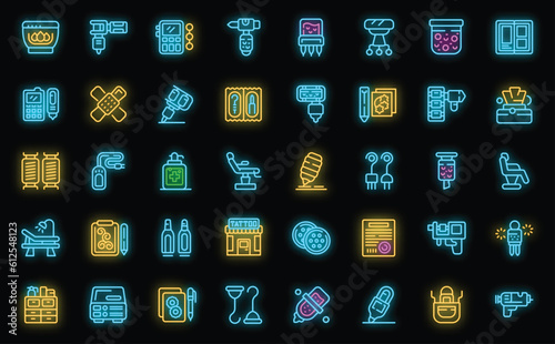 Tattoo equipment icons set outline vector. Machine needle. Studio tool neon color on black