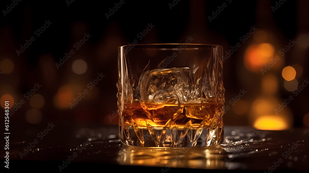 Glass with whiskey and ice cubes on the table, warm cozy atmosphere.