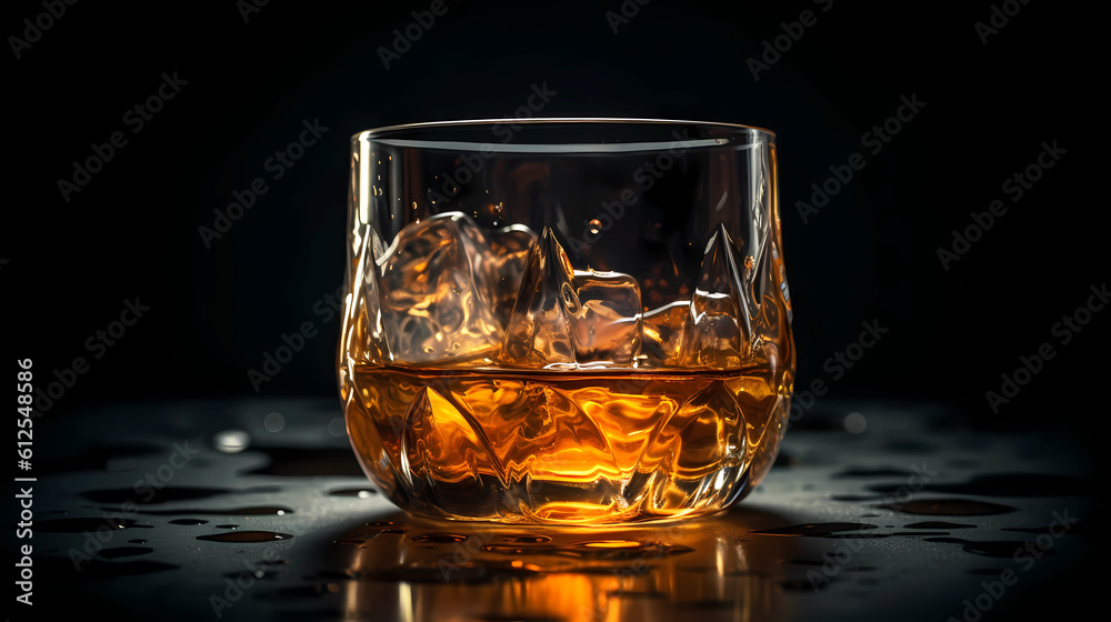 Glass with whiskey and ice cubes on the table, warm cozy atmosphere.