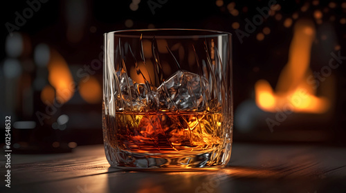 Glass with whiskey and ice cubes on the table, warm cozy atmosphere.