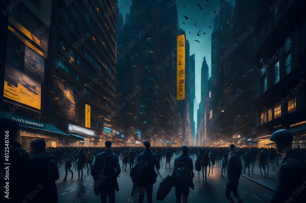 Cityscape Symphony: Realistic Urban Life with Blurred Figures, Vibrant Composition of Motion and Activity
