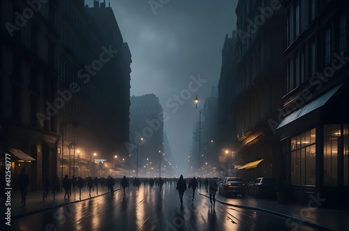 Hazy Urban Hustle: Capturing the Bustling City Street through Misty Lens, Blurred Pedestrians and Flashing Lights