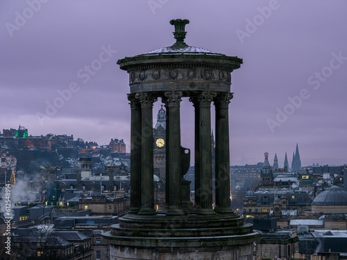 Dugald Stewart Monument in Edinburgh, Scotland against the sunset sky