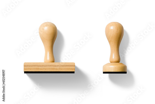 Set of various wooden rubber stamps isolated on a transparent background, PNG. High resolution. 