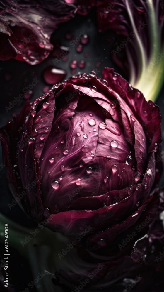 Obraz premium Fresh Organic Radicchio Vegetable Photorealistic Vertical Background. Healthy Vegetarian Diet. Ai Generated Lifelike Background with Delicious Juicy Radicchio Vegetable. Generative AI