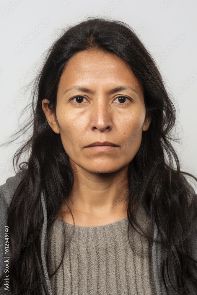 Portrait mug shot of a serious hispanic woman, generative AI Portrait mug shot of a serious hispanic woman, generative AI