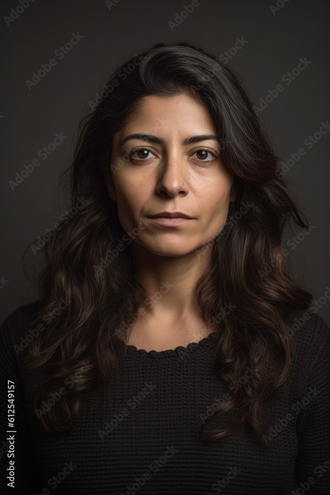 Portrait mug shot of a serious hispanic woman, generative AI	