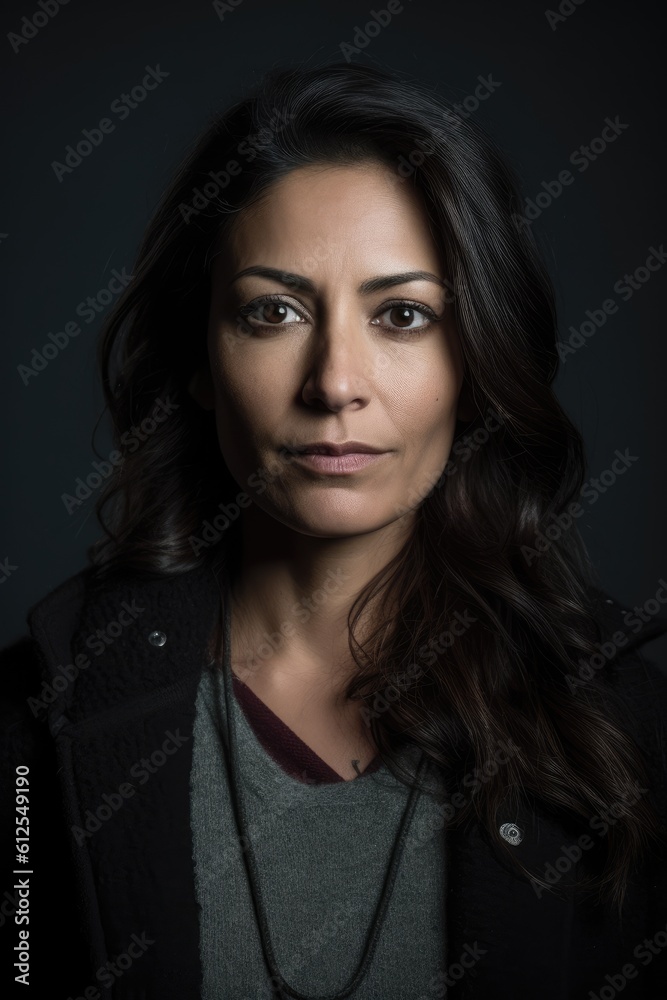 Portrait mug shot of a serious hispanic woman, generative AI Portrait mug shot of a serious hispanic woman, generative AI