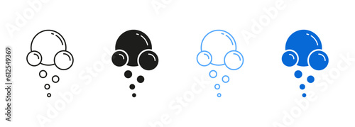 Soap, Clear Soda Symbol Collection. Fizzy Drink, Water Bubble Black and Blue Pictogram. Effervescent Champagne. Sphere Foam, Aquarium Drops Line and Silhouette Icon Set. Isolated Vector Illustration