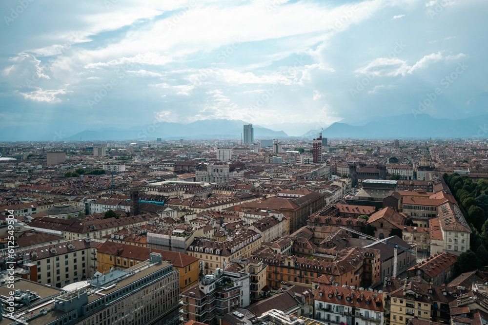 Aerial cityscape of Turin with architectural buildings