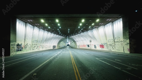 Fotografie Entry of the Second Street Tunnel at night, Los Angeles, California, United Stat