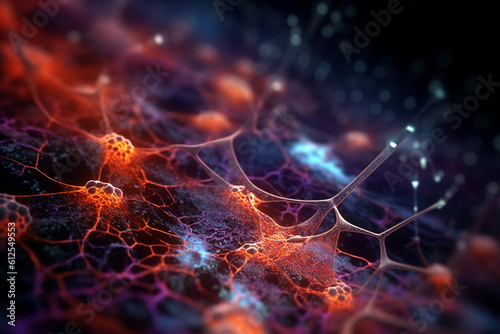 3D illustration of active nerve cells. Visualization of neuronal networks in the brai photo