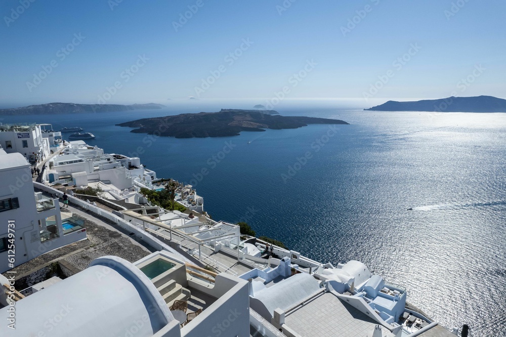 Aerial view of Santorini island surrounded by buildings