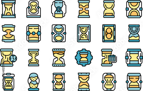 Sand clock icons set outline vector. Time watch. Clock waiting thin line color flat on white