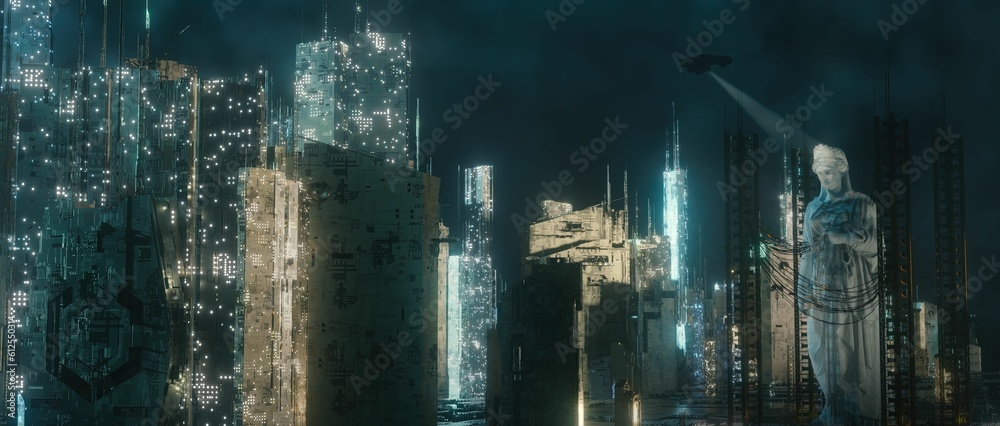 3d render night view of illuminating cyberpunk futuristic skyscrapers for sci-fi, dystopia concept