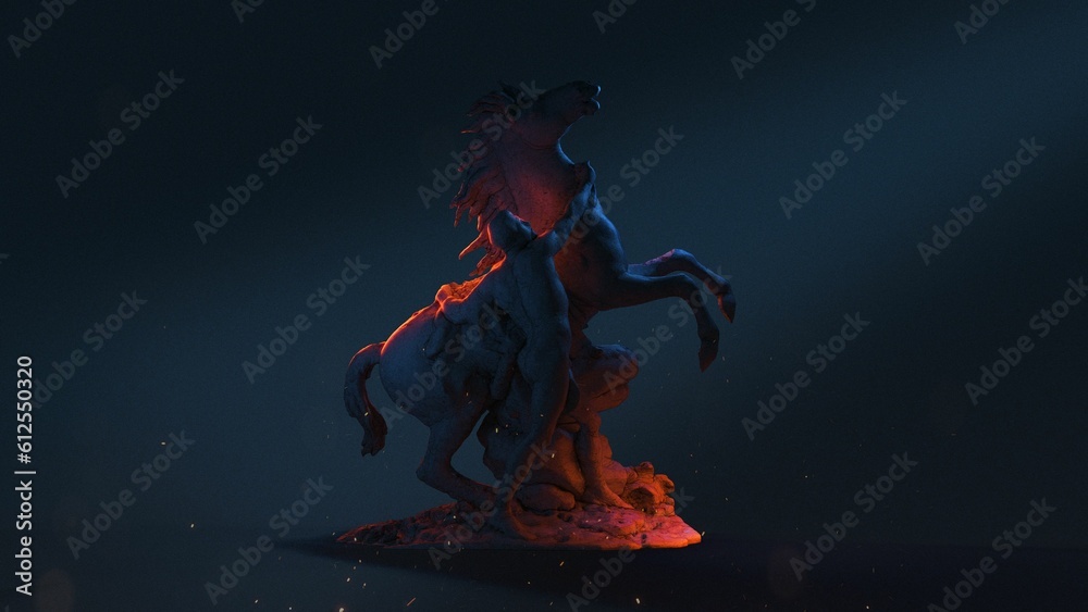 Sculpture of a man handling a standing horse in the dark with heat Sculpture of a man handling a standing horse in the dark with heat