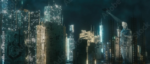3d render night view of illuminating cyberpunk futuristic skyscrapers for sci-fi, dystopia concept