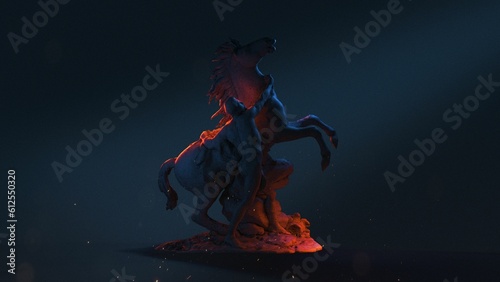 Sculpture of a man handling a standing horse in the dark with heat