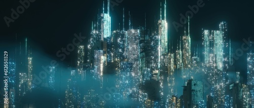 3d render night scene of illuminating cyberpunk futuristic skyscrapers for sci-fi, dystopia concept