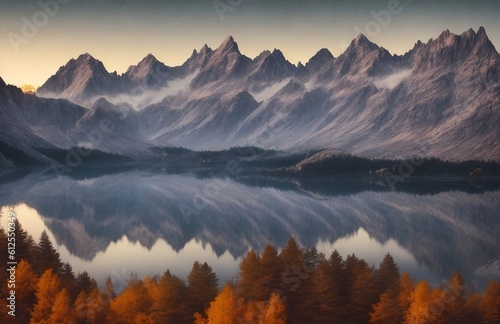 Landscape of mountains and lake  detailed  beautiful sky  realistic reflections made with generative AI.