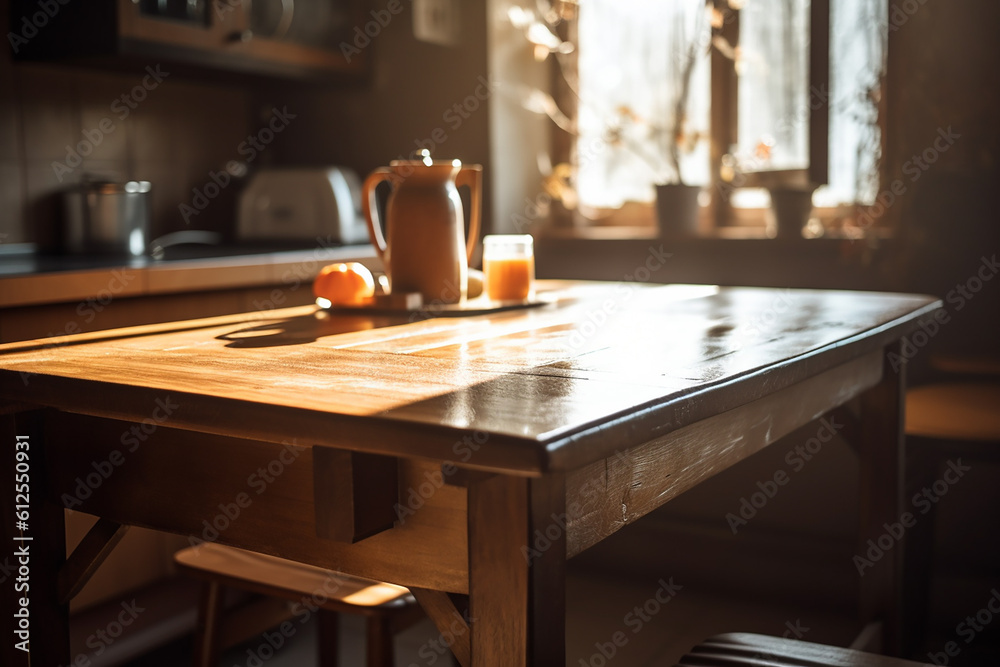 Wooden minimalist table in a simple sunny kitchen. Generative AI