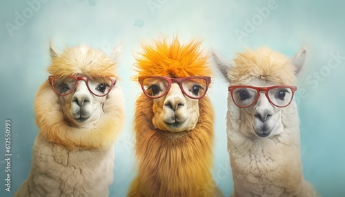 three alpacas with colorful hair in sunglasses © Photo And Art Panda