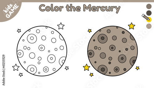 Page of coloring book for kids. Color cartoon the Mercury in space. Outline planet of solar system. Activity for preschool and school children. Black and white and colorful illustration. Vector design