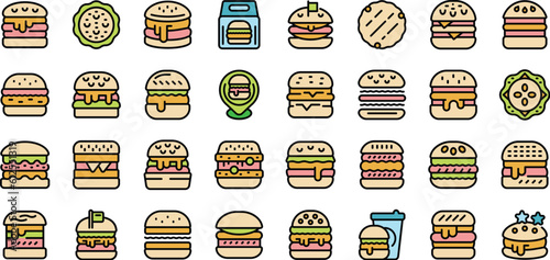 Hamburger icons set outline vector. Food burger. Triple bread thin line color flat on white
