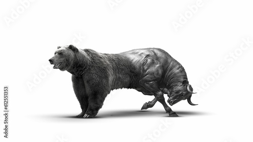 Grayscale illustration of a bear and a bull merged together on a white background