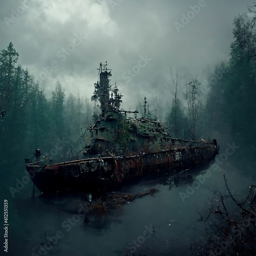 Drawing of a wracked ship in a creepy forest © Y2k444/Wirestock Creators