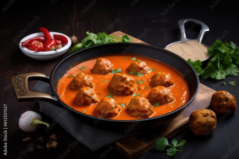 Kathal kofta curry, traditional indian vegetarian dish with balls made of jackfruit and a rich tomato-based gravy.  Flavorful and hearty local meal. AI generative