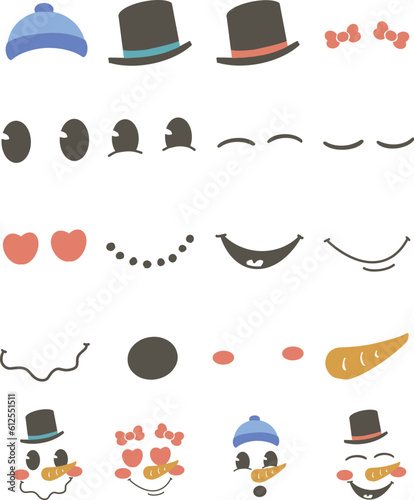 Set of cute Christmas snowman faces for the holiday craft projects