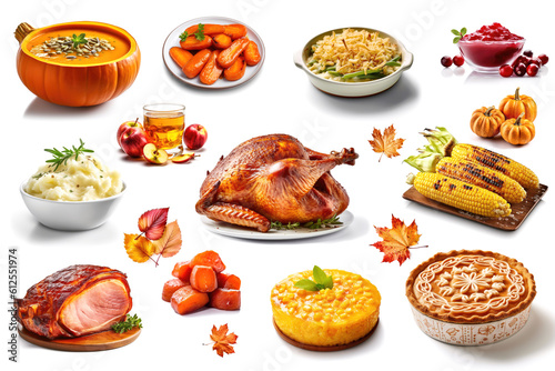 Collage with assorted traditional american food for Thanksgiving on white background. AI generative