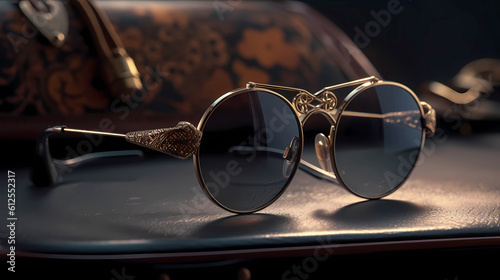 Sunglasses on a dark background, straight view.