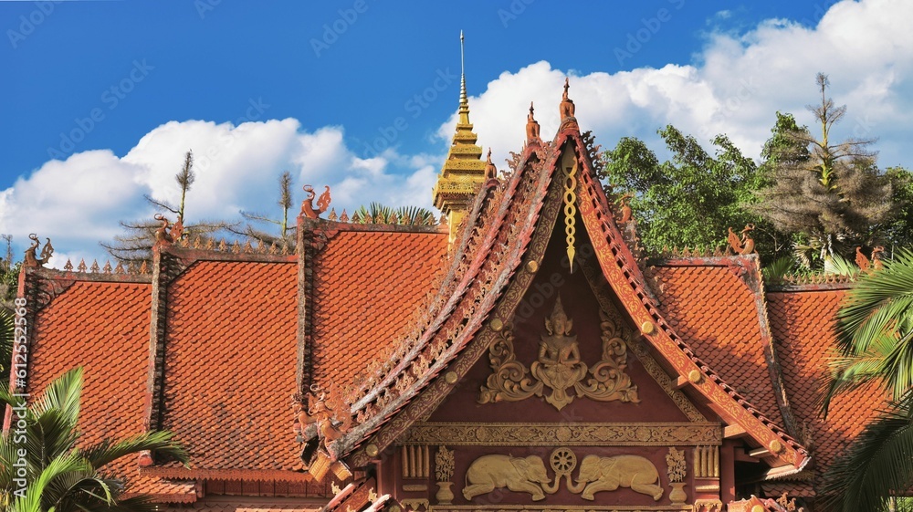 View of Xishuangbanna Zongfosi Temple's roof under the sunlight