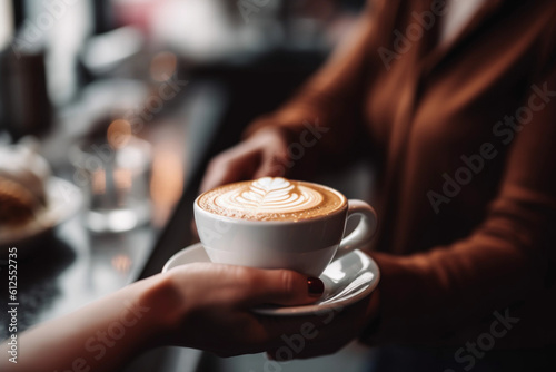 Midsection of barista serving coffee to a customer at a hip café