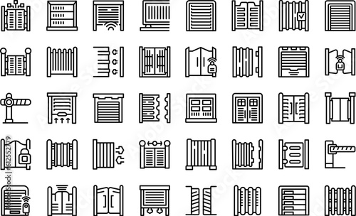 Automatic gates icons set outline vector. Security car. House gate