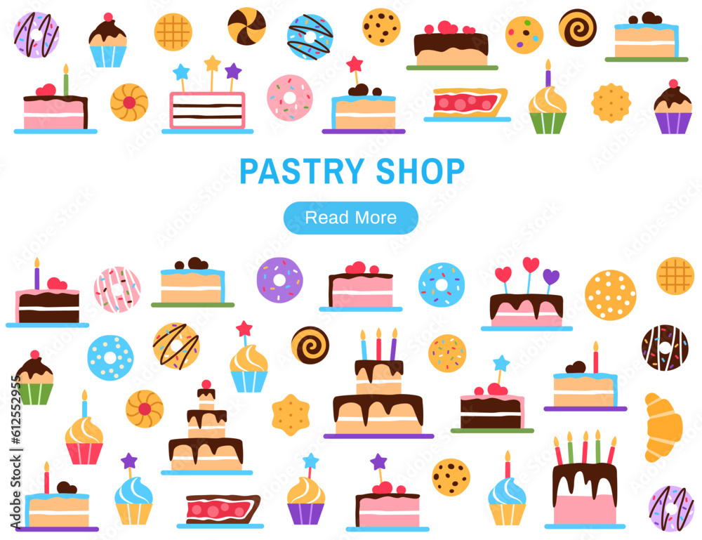 Pastry shop website template with copy space and button. Colorful baked tasty treat landing page design. Dessert flat elements doughnut cake cupcake for cafe menu internet web page vector illustration Pastry shop website template with copy space and button. Colorful baked tasty treat landing page design. Dessert flat elements doughnut cake cupcake for cafe menu internet web page vector illustration