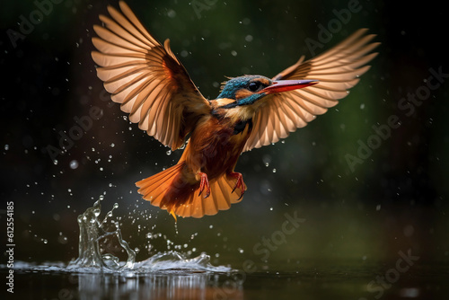 Kingfisher bird spreading its wings over the water surface
