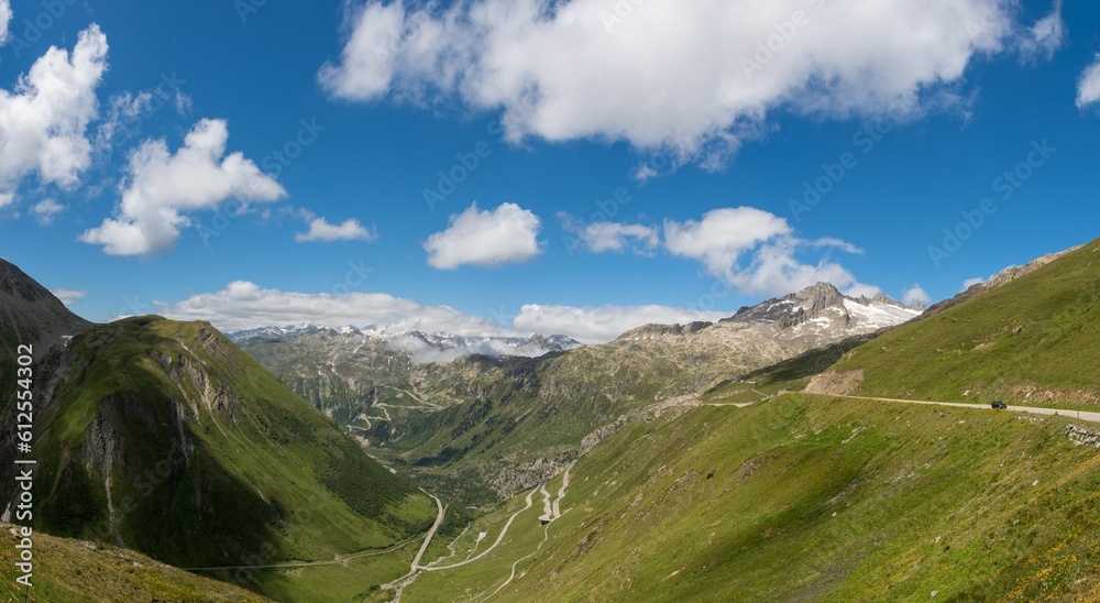 Scenic view shot from the Furka Pass in the western direction to the Grimsel Pass, Switzerland