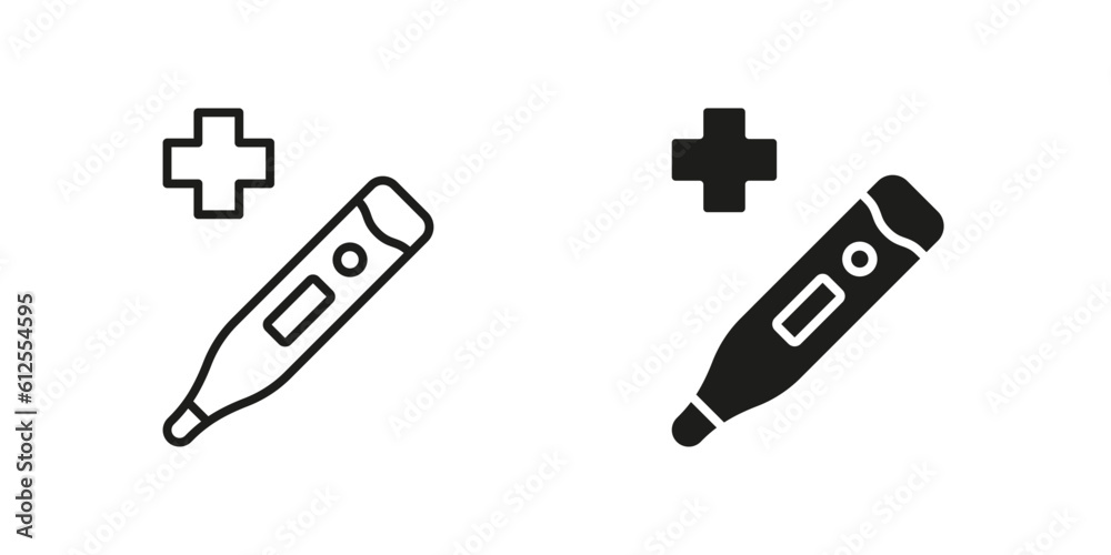 Thermometer Line and Silhouette Black Icon Set. Medical Tool for Temperature Control Pictogram. Electronic Thermometer Symbol Collection. Health Care Instrument. Isolated Vector Illustration Thermometer Line and Silhouette Black Icon Set. Medical Tool for Temperature Control Pictogram. Electronic Thermometer Symbol Collection. Health Care Instrument. Isolated Vector Illustration