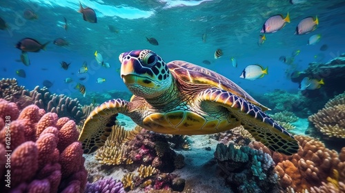 sea turtle with a group of colorful fish and colorful corals underwater in the ocean  underwater world in the ocean. Generative AI